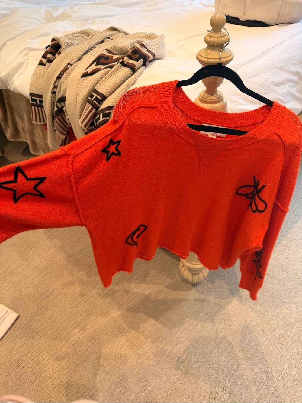 Wildfox Bright Orange Knit Sweater with Black Motif Accents